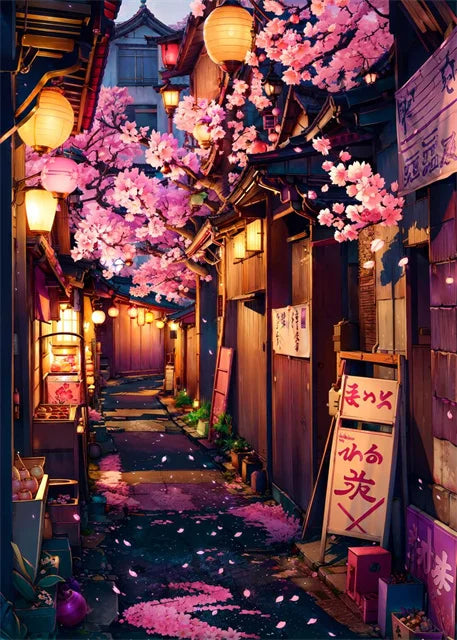 Japanese Street Scenery Sakura Architecture Canvas Posters and Prints Wall Art Paintings Mural for Modern Living Room Home Decor