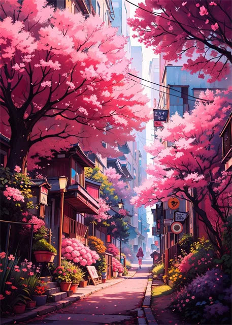 Japanese Street Scenery Sakura Architecture Canvas Posters and Prints Wall Art Paintings Mural for Modern Living Room Home Decor